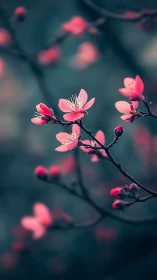 Pink Blossoms on Dark Branch with Blurred Bokeh.