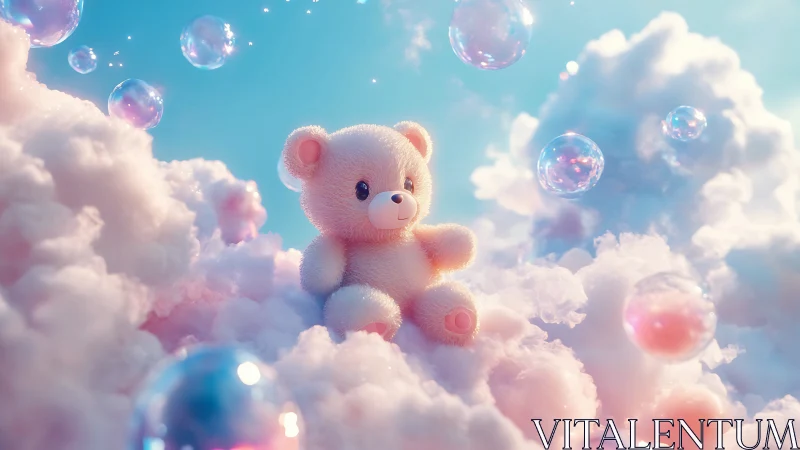 Plush teddy bear on pastel clouds with floating bubbles.