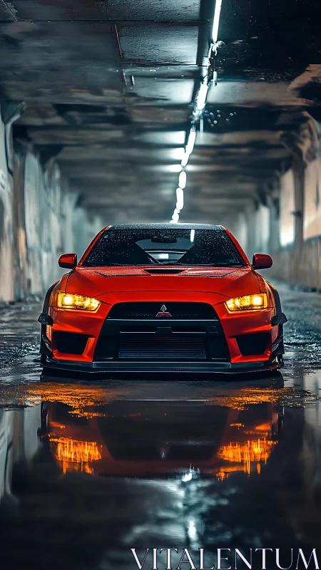 Red Mitsubishi sports sedan in wet tunnel with neon reflection