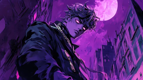 Neon-eyed antihero under violet moonlit city sky.