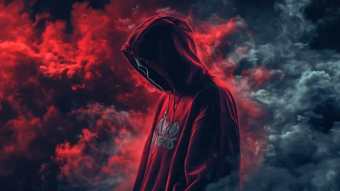 Brooding hooded figure in red within swirling neon smoke.