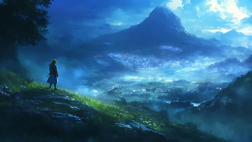 Lone traveler greeting a glowing valley beneath misty peaks.