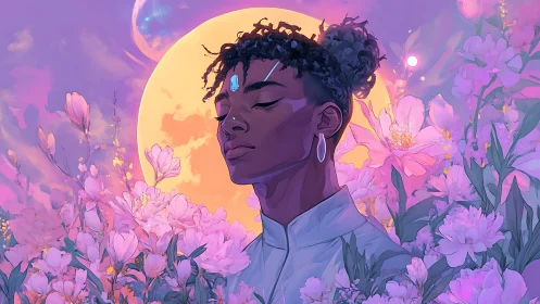 Serene portrait amid pink blossoms and glowing alien moon.