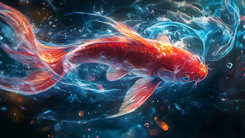 Luminescent koi in dynamic aquatic motion, digital painting.