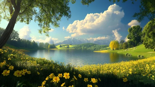 Sunlit alpine lake framed by wildflower meadow and distant peaks