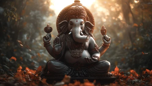 Photorealistic Ganesha idol with warm bokeh forest backdrop.