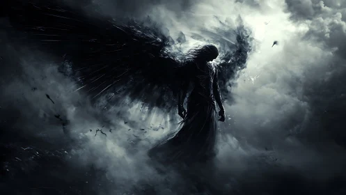 Stormborn shadow angel drifting through fractured light.