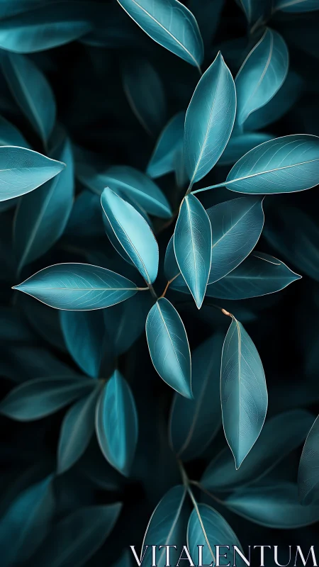 Cyan-toned elliptical leaves form high-contrast botanical pattern