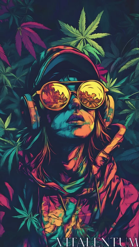 Neon-clad youth with mirrored goggles amid cannabis leaves