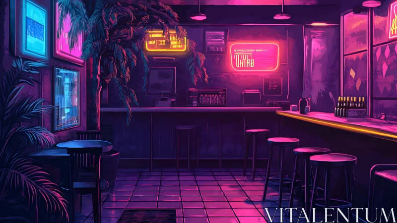 Neon shadows linger while an empty cyber bar softly hums