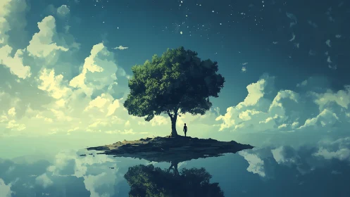 Solitary figure stands under lone tree on reflective water