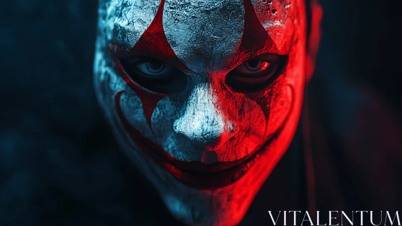 Sinister clown mask in harsh red and blue lighting.