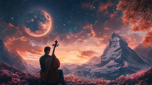 Cellist under twin moonrise in luminous alpine dreamscape.
