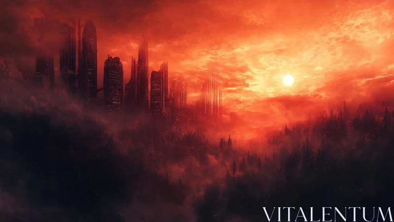 Post-apocalyptic megacity skyline in infernal red dusk haze