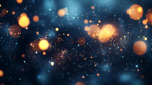 Glowing golden particles drift through a deep blue haze