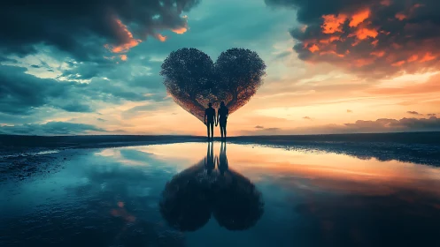 Heart-shaped tree silhouette reflecting across mirror-still water at golden sunset.