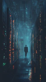 Cyberpunk server corridor with silhouetted lone figure.