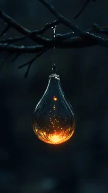 Illuminated droplet suspended from dark winter branch at dusk.