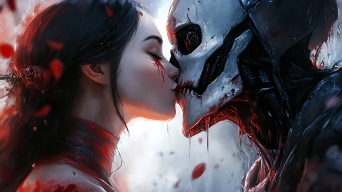 Woman kisses skeletal demon amid bloodred falling petals.