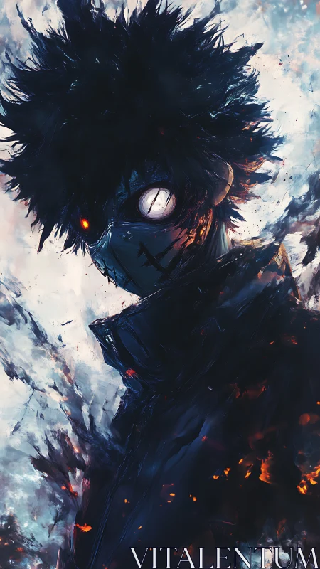 Storm-lit masked figure stands amid swirling embers and ash