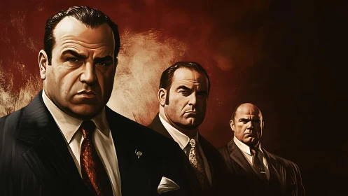 Powerful trio of suited men against a bold, moody backdrop.