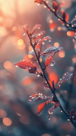 Macro sunset leaves with glowing bokeh and dewdrops.