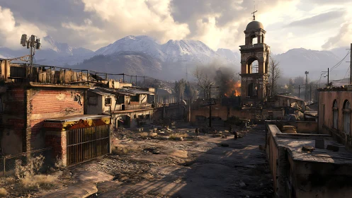 Urban war-torn settlement with bell tower before mountains