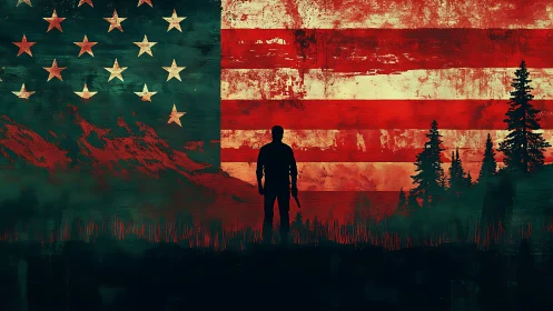 Silhouetted armed figure over distressed US flag and rugged terrain