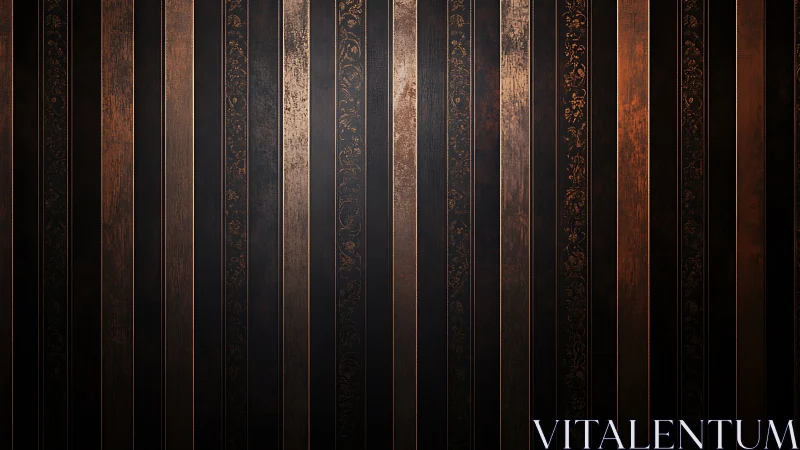 Bronze-lacquered vertical panels with baroque filigree striping.