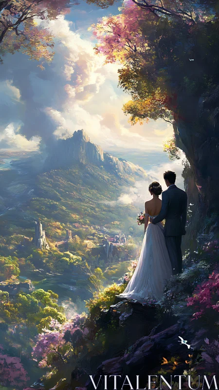 Bride and groom on cliff ledge overlooking vast valley landscape.