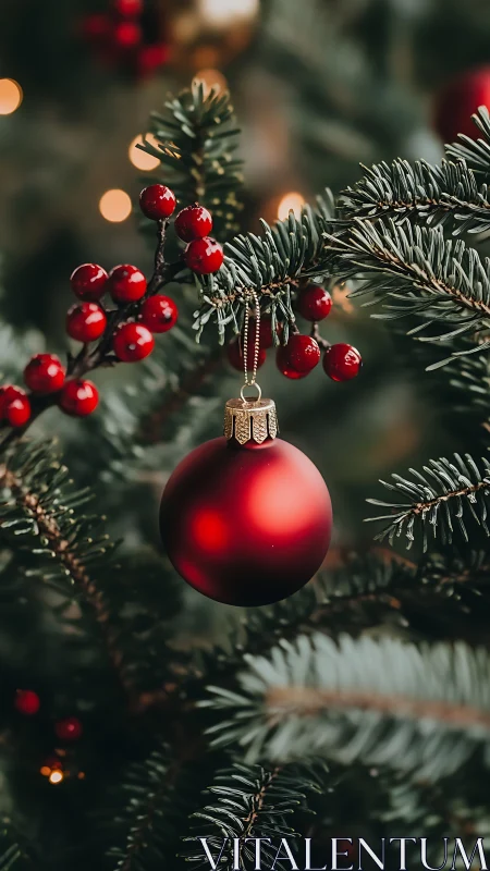 Red bauble and berries glow softly on festive pine branch.