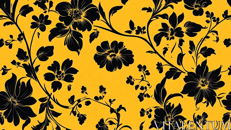Yellow Ground with Black Floral Silhouettes in Botanical Composition.