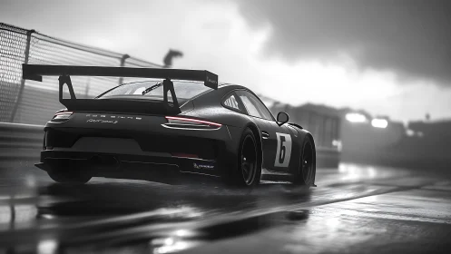 GT race car powers through wet circuit in dramatic monochrome.
