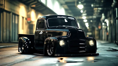Custom lowrider vintage pickup rendered in cinematic 3D lighting