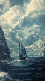 Storm-tossed sailing ship braves icy mountains and sky