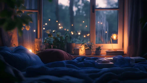 Cozy bedroom window scene shows bed, plants and warm lights