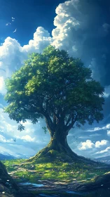 Skyroot sentinel beneath towering daydream clouds.