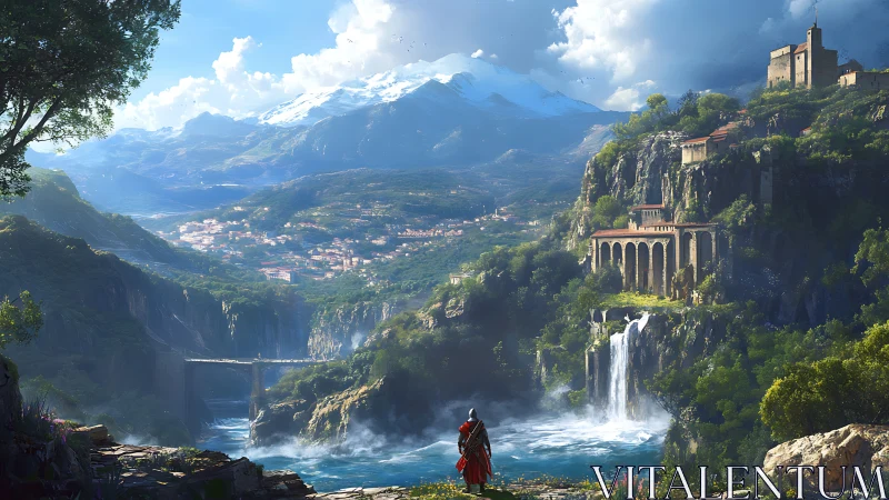 Lone traveler surveys vast valley, waterfall and citadel.