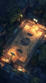 Streetlit court glows like a secret arena above sleeping roofs