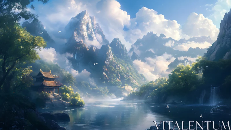 Majestic misty mountains rise above tranquil riverscape scene.