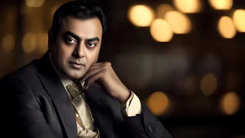 Gilded gaze of a midnight thinker in soft bokeh glow.