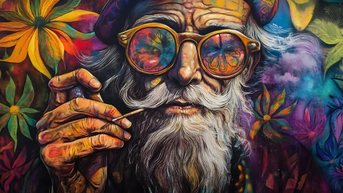 Psychedelic elder portrait with neon floral reflections.