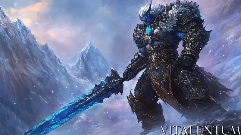 Frozen warlord with glowing runeblade in glacial stormscape.