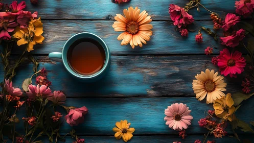 Floral Tea Arrangement on Weathered Turquoise Wood Surface