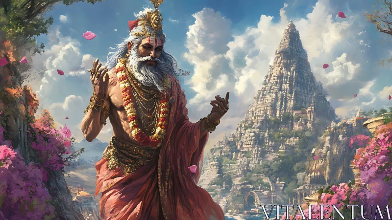 Elderly robed sage walks before vast terraced mountain temple