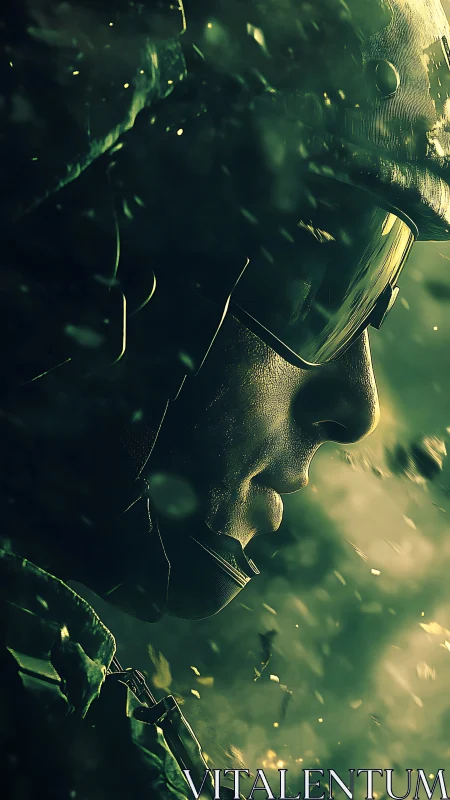 Soldier profile portrait shows helmet, visor, and debris-lit face