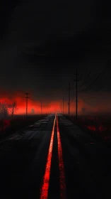 Lonely country road glowing under a mysterious red sky.