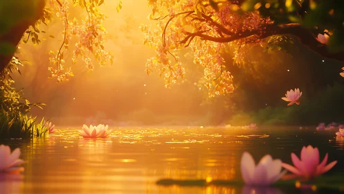 Radiant lotus pond under volumetric golden-hour bloom field.