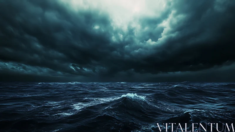 Dark storm clouds over rough open ocean waves at dusk.
