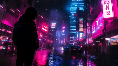 Silhouetted figure observes neon city street in heavy rain